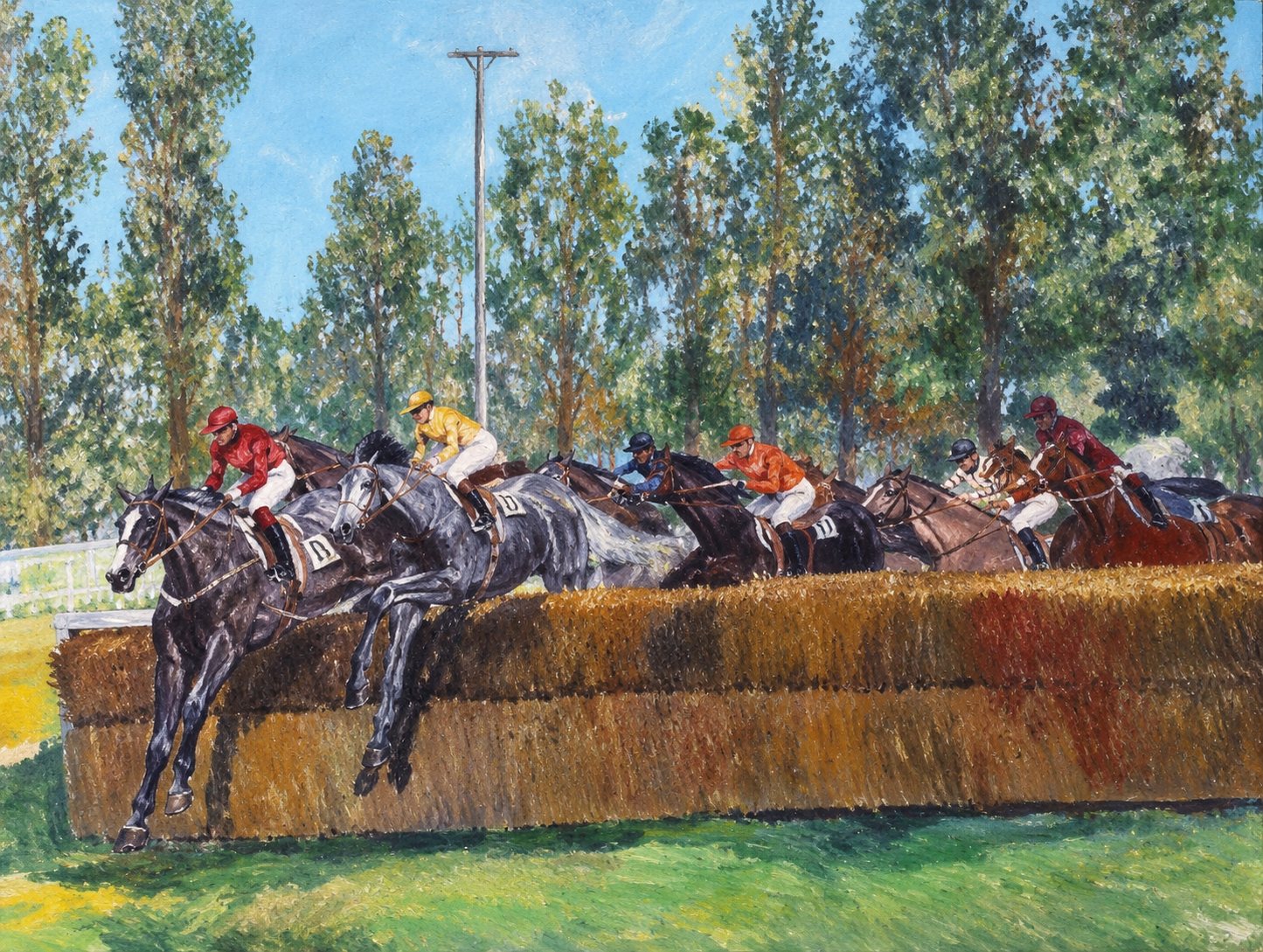 Peinture colorée représentant plusieurs jockeys à cheval en train de franchir une haie lors d'une course, devant des arbres verts.