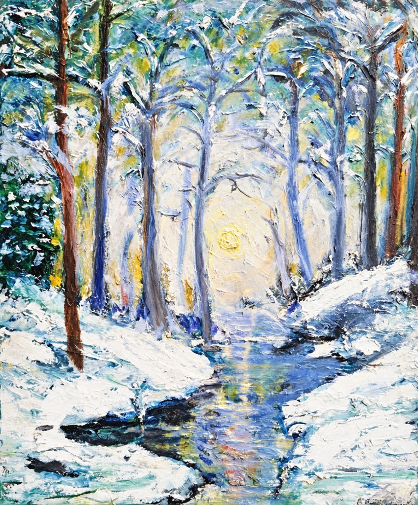 Ruisseau en hiver, 61 × 50 cm — peinture d’Alain Bouillaguet