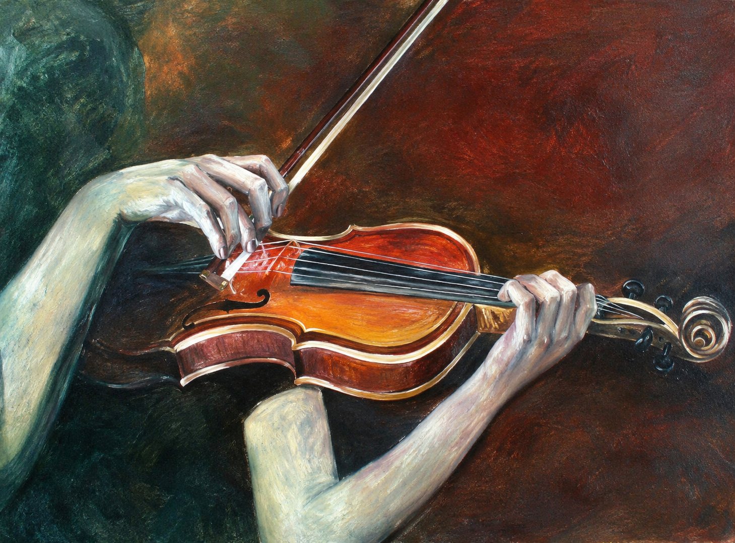 Peinture en gros plan de deux mains tenant un violon et son archet sur un fond sombre aux tons bleus et verts.