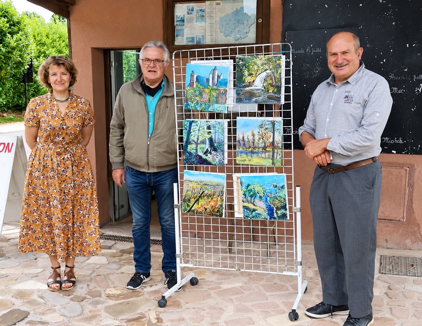Trois personnes devant une grille d’exposition de peintures de paysages, à Collonges-la-Rouge