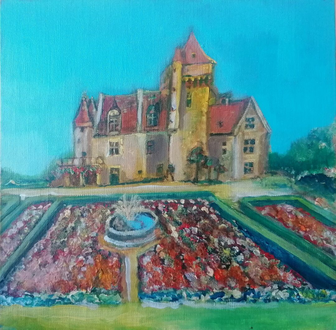 Château des Milandes, 30 × 30 cm — peinture d’Alain Bouillaguet