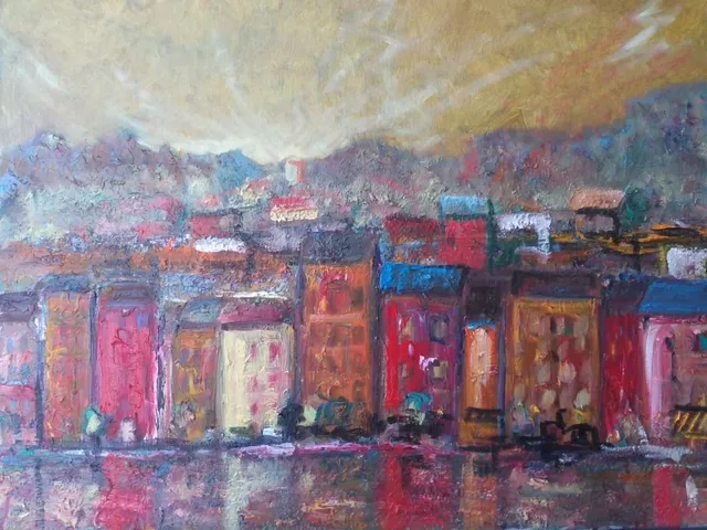 Le feu du lac, 61 × 50 cm — peinture d’Alain Bouillaguet