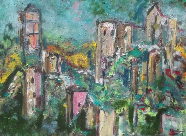 Les ruines de Merle, 61 × 50 cm — peinture d’Alain Bouillaguet