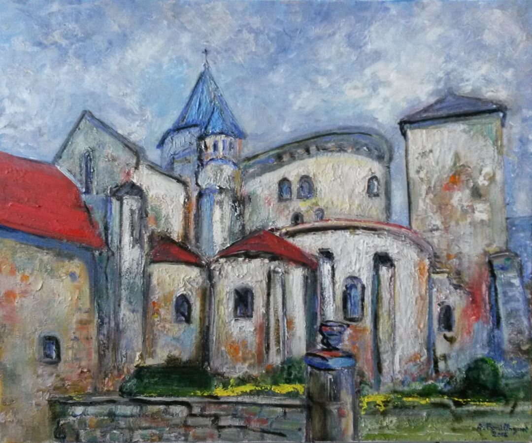 Eglise de Saint Robert, 61 × 50 cm — peinture d’Alain Bouillaguet