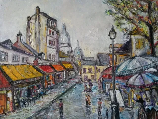 Il pleut à Montmartre, 61 × 50 cm — peinture d’Alain Bouillaguet