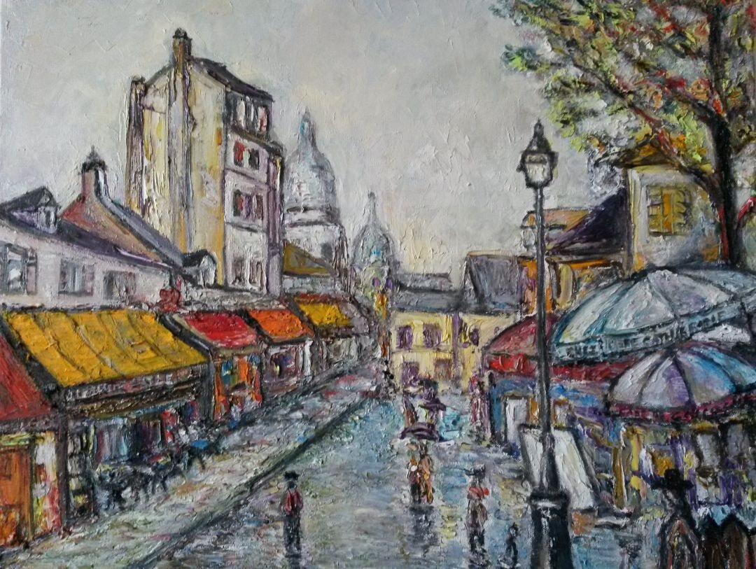 Il pleut à Montmartre, 61 × 50 cm — peinture d’Alain Bouillaguet