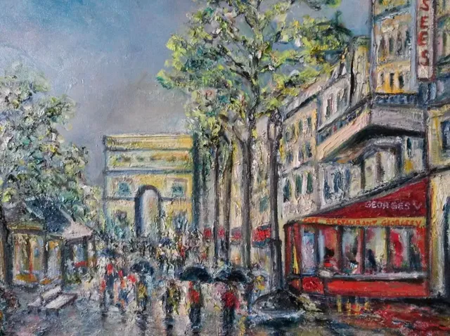 Il pleut sur les Champs, 61 × 50 cm — peinture d’Alain Bouillaguet