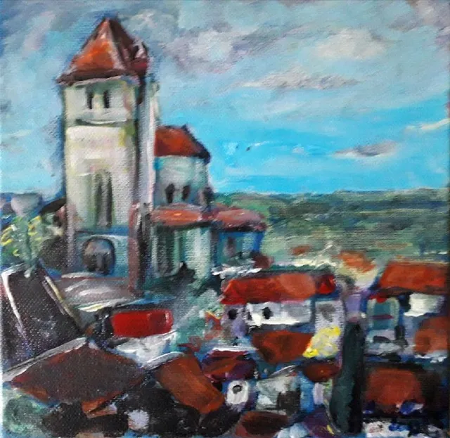 Saint Cirq Lapopie, 20 × 20 cm — peinture d’Alain Bouillaguet