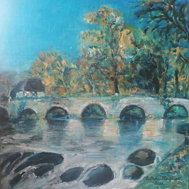 Le pont du Saillant, 30 × 30 cm — peinture d’Alain Bouillaguet