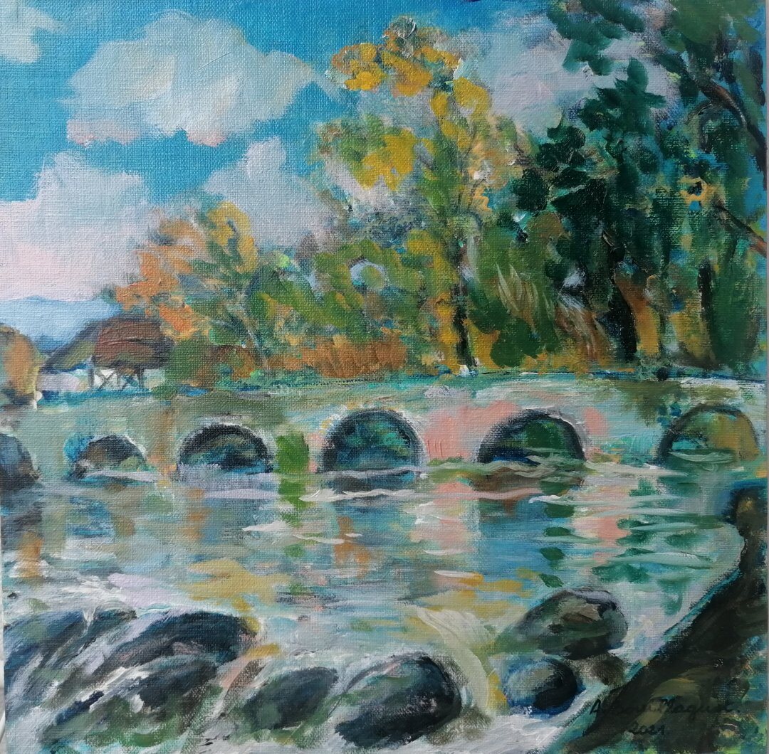 Le pont du Saillant, 30 × 30 cm — peinture d’Alain Bouillaguet