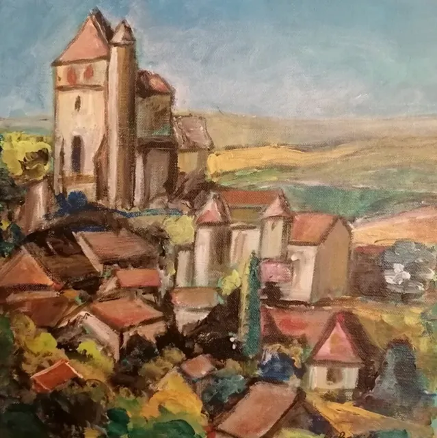 Saint Cirq Lapopie, 30 × 30 cm — peinture d’Alain Bouillaguet